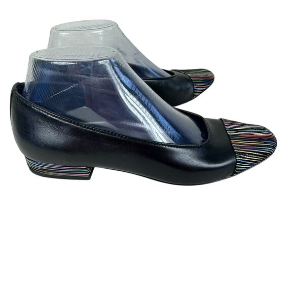 VAN ELi Black Colorful Striped Leather Cap Toe Slip On Block Low Heel Size 7.5 - Picture 3 of 9